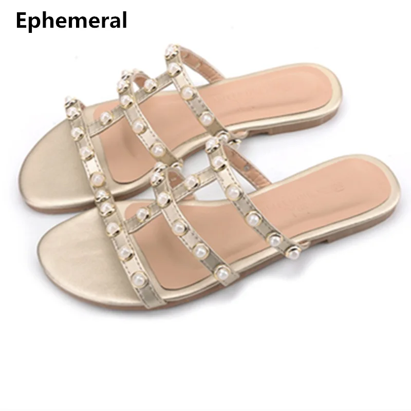 

Lady zapatos slippers Flats crystal No heel slides open toe plus size 3 48 Gold black women summer Cow Leathers hoes Cut-outs
