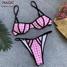Новинка, розовый комплект бикини в клетку, женский купальник из двух частей, сексуальный пуш-ап бандаж, купальный костюм, пляжная одежда, купальник для женщин