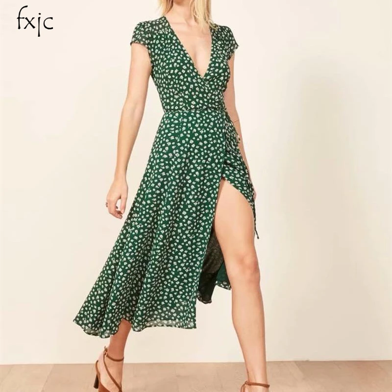 

Women's Spring Sexy V-neck Split Dress Green Waist Short Sleeve Holiday Dress LF187