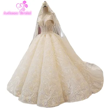 

AOLANES 2018 Champagne Lace Sleeveless V-neck Wedding Gowns With Long Veils Floor-length Lace Up Ball Gown Wedding Dresses