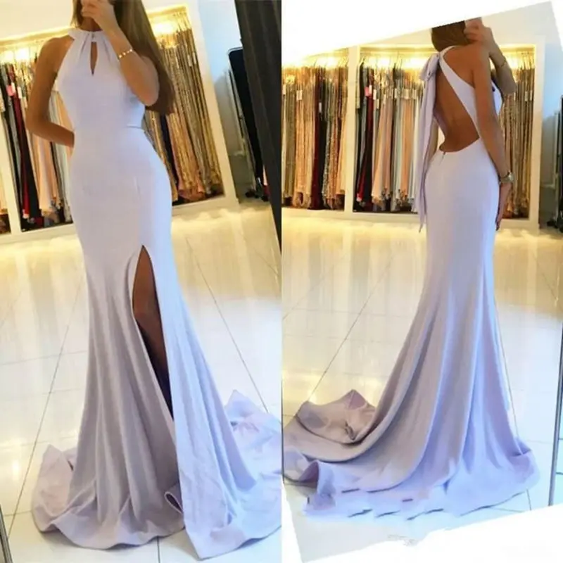 

Elegant Halter evening dresses Light blue Long Satin Prom dress with split Sleeveless Floor length Women Formal gowns Vestidos