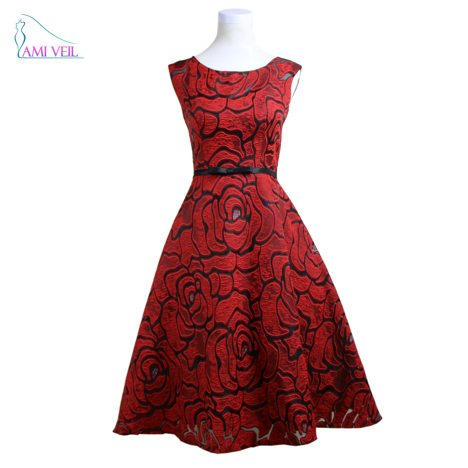 Dark Red Short Prom Dress Rose Pattern Print Elegant Evening Gowns A