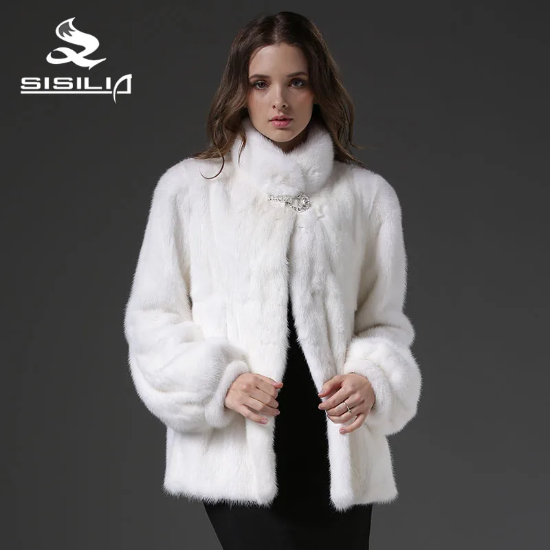 SISILIA 2016 Новая Зимняя женская Нет Окрашенная Норки Полный Пелт Шуба Белый Цвет