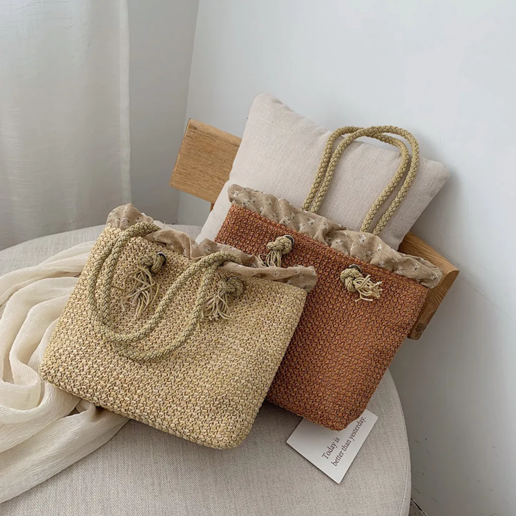 

Women Beach small floral Print Drawstring decorative Straw Bag Burlap Square Bag vacation simple Beach Crossbody Bag