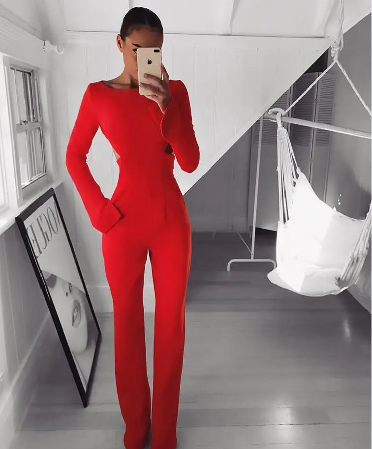 Red Color Ladies Long Sleeve Sexy Bodycon Jumpsuits Full Length