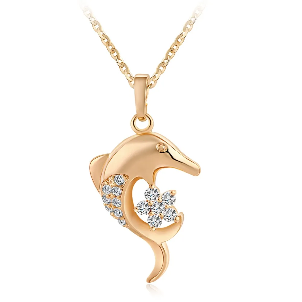 

Fine Dolphin Crystal Stone Gold Metal Women Pendant Necklace Zircon Beads Choker Costume Jewelry Female Neck Pendant Decoration