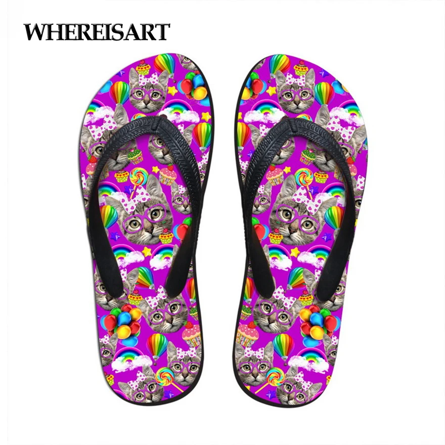 

WHEREISART 2018 Summer Women Casual Flip Flops Cute Pet Mini Cat Prints House and Beach Flipflops for Lady Soft Rubber Slippers