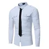 Double Pocket Military Style Black Shirt Men 2022 Casual Contrast Color Fake Tie Social Shirt Male Slim Fit Long Sleeve Chemise ► Photo 3/6