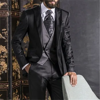 

Custom Made Men's Suits Latest Coat Pant Designs Black Satin Groom Tuxedos Italian Style 3 Piece Mens Wedding Prom Dinner Suits