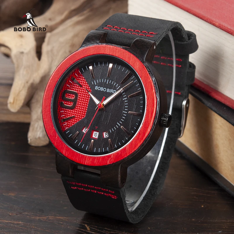 BOBO BIRD Men Wooden Watches Date Display Relogio Masculino Wristwatch Leather Strap Timepieces Men's Gifts Items W-iQ20