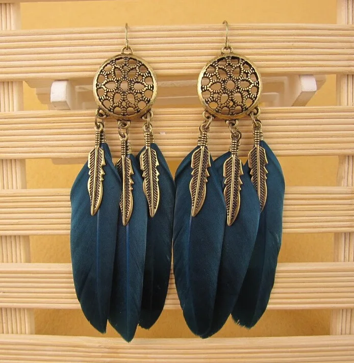 

2016 Fashion Bohemian Vintage Ethnic Gypsy Gothic Long Hollow Geometric Round Feather Tassel Earrings Drop Long Earrings Women
