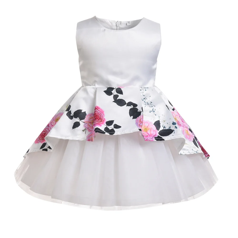 

Kids dresses for girls floral toddler girl dresses peony printing o-neck sleeveless satin flower girl dresses baby wedding