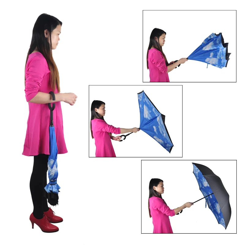 10 цветов Ветрозащитный складной двуслойный Солнцезащитный Женский дождевой перевернутый зонтик обратный Зонт самостоящий ветростойкий c-крюк руки