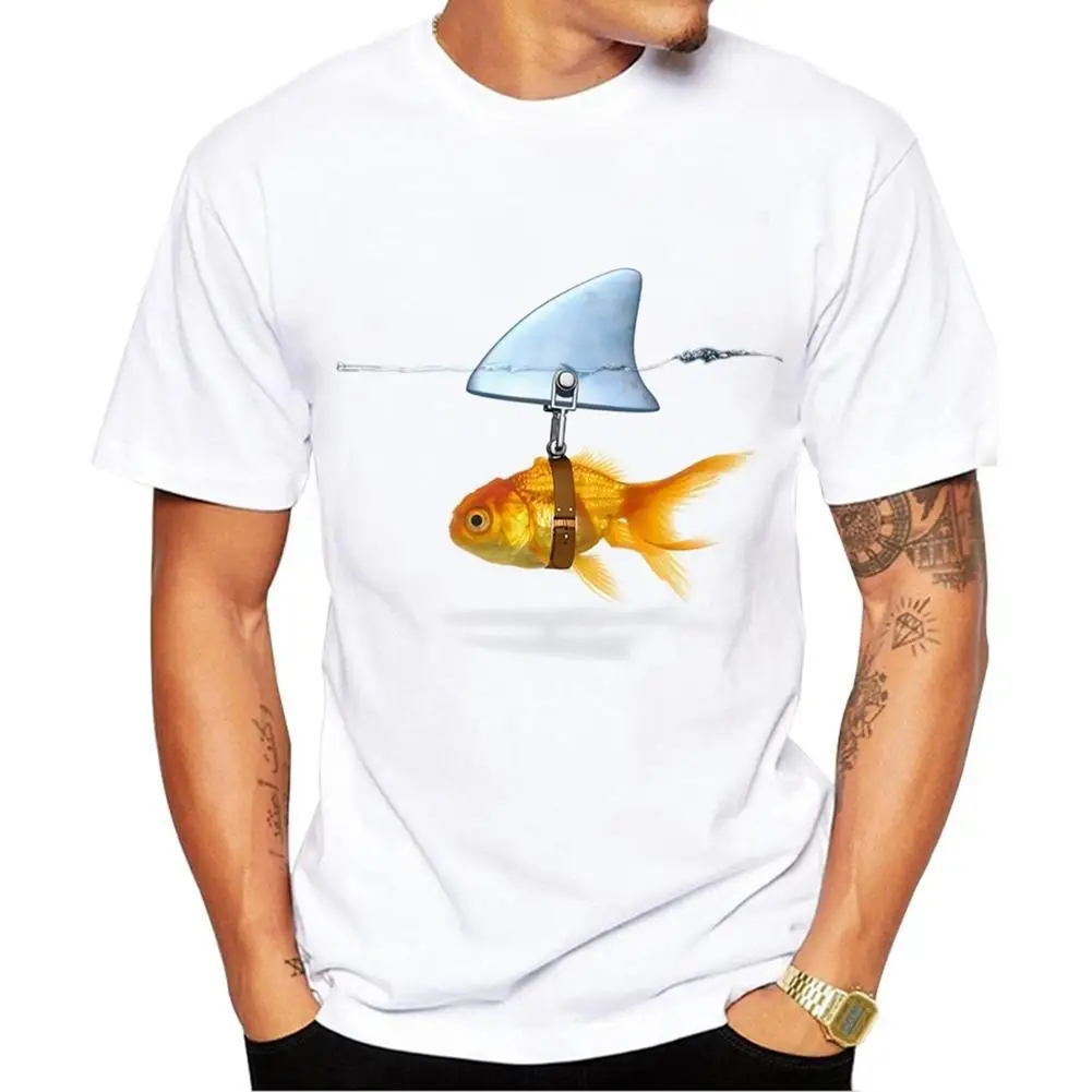 SANWOOD Goldfish Shark Fin Print Short Sleeve Round Neck T-Shirt Men Casual Summer Top | Мужская одежда