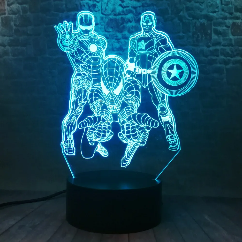 Amroe 3D Marvel Heroes ночные светильники для детей 7 цветов светодиодный Иллюзия спальня настольная лампа Человек-паук Капитан Америка, Железный человек подарки