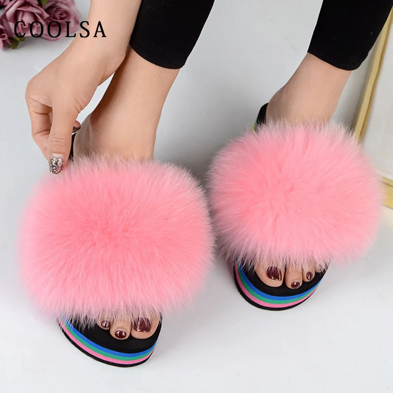 

Coolsa Real Fur Slippers Women Fur Slides Wedge Fluffy Fox Fur Flip Flops Soft Fluffy Fur Slippers Furry Ladies Platform Shoes