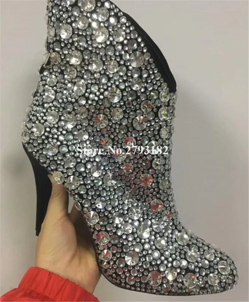 Alto De Vestir Slip Corto Tacón El Cristal Fino Bling Zapatos Punta Del Club Talón Tobillo Botas Mujeres Lujo Rhinestone Las en Zvn4Rg