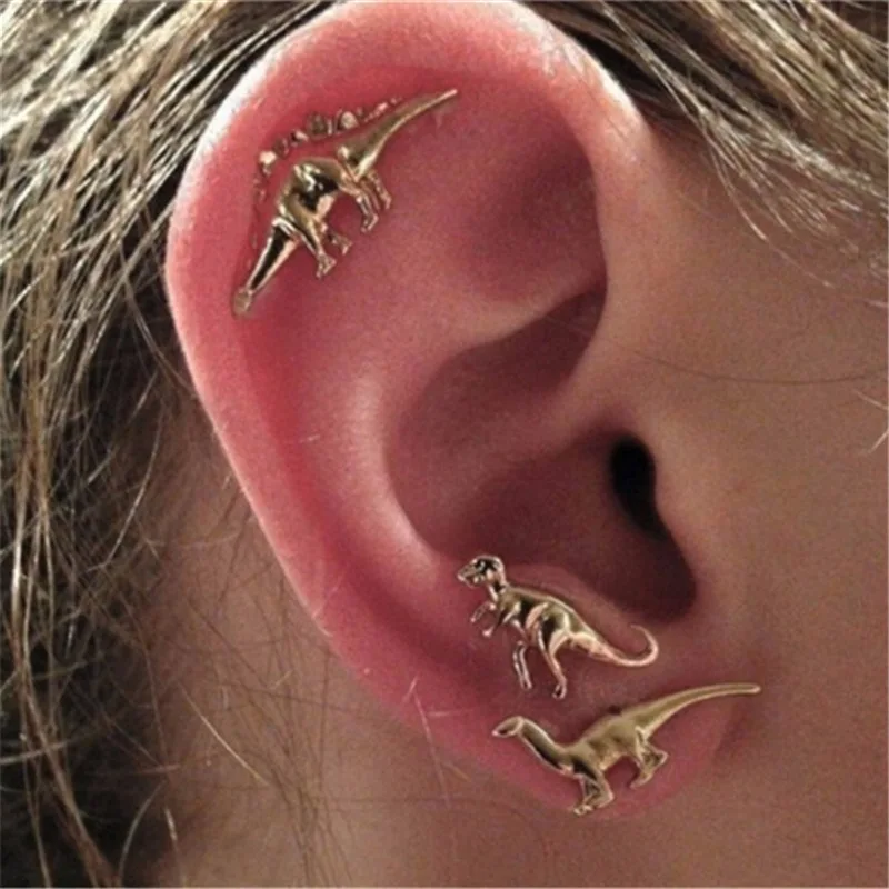 

3 pair/set Punk Gold Silver Color Dinosaur Earrings for Women Men Personality Jewellery Auricle Stud Earrings Bijoux brincos