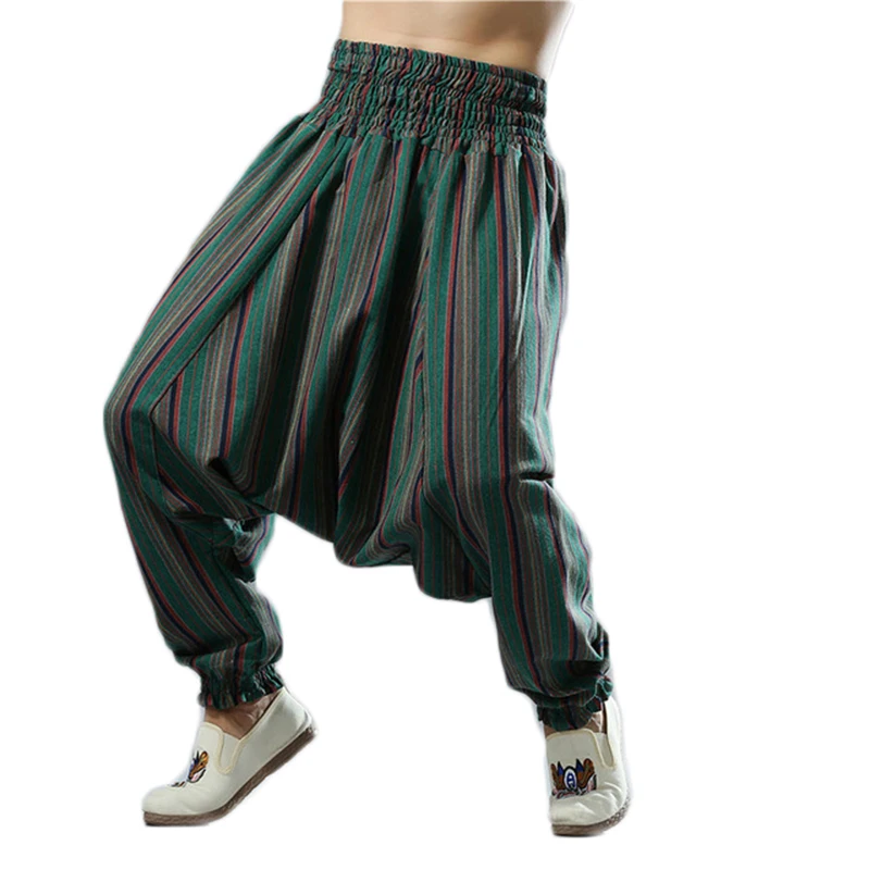 

Hisenky Cotton Linen Crotch Pants Nepal Style Cross Pants Striped Men Trousers Bottom Joggers Pantalon Homme Broek Mannen 3Color