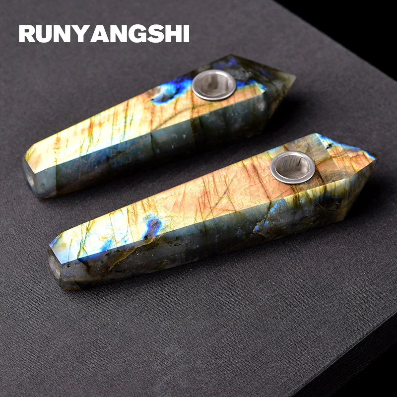 

Labradorite Smoking Pipe with Strainer Stripe Healing Wand 1 Pc Smoke Pipe High Quality Runyangshi YL04