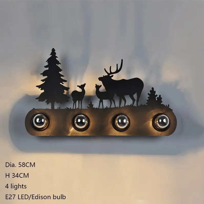 Животный стиль винтажный американский кантри ресторан модный креативный промышленный Конный настенный светильник E27 освещение для бара спальни кабинета - Цвет абажура: D three deer