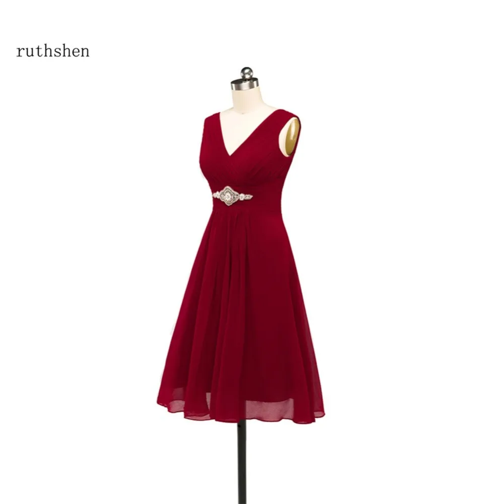 

ruthshen Simple Short Prom Dresses Cheap V-Neck Crystals Beaded Pleated Chiffon Knee Length Cocktail Party Dress Under 50
