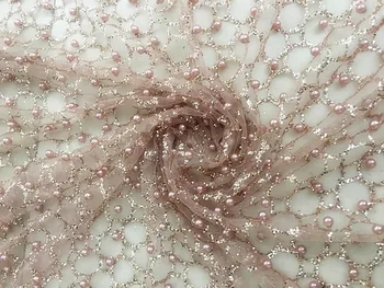 

5 Meters Width 150cm Nude Pink Pearl Beaded Hot Stamping Sequins Mesh Fabric for Dresses Fahion Clothing