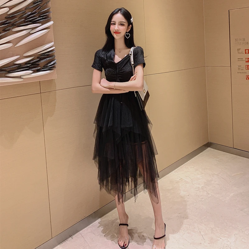 

T Shirt Dress Women V-Neck Summer Short Sequins Elastic Hollow Out Irregular Mesh Sexy Women Night Club Dress