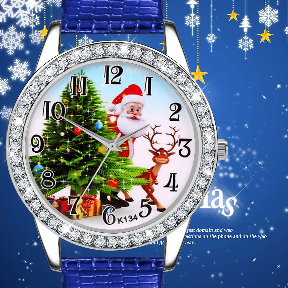 Рождественские часы для женщин для мужчин's дети подарок алмаз кожаный ремешок аналоговые кварцевые Vogue наручные часы Лидер продаж Reloj Mujer