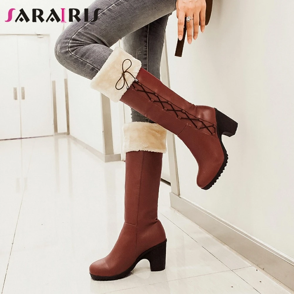 

SARAIRIS New Snow Boots 2019 Solid Square High Heels Bowtie Shoes Woman Casual Winter Warm Fur Mid Calf Boots Big Size 34-43