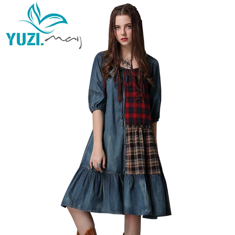 Летнее платье 2018 Yuzi.may бохо новые джинсовые женские платья с круглым вырезом