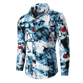 

Chinese Style Splash Ink Print Shirt Men 2018 Autumn New Long Sleeve Casual Mens Dress Shirts Wedding Party Prom Social Shirt