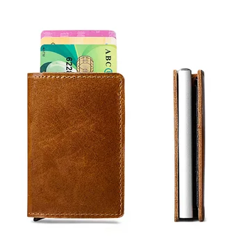 

Blocking Rfid Wallet Genuine Leather Card Holder Business Aluminium Credit Card Holder Purse Automatic Pop Up Card Case