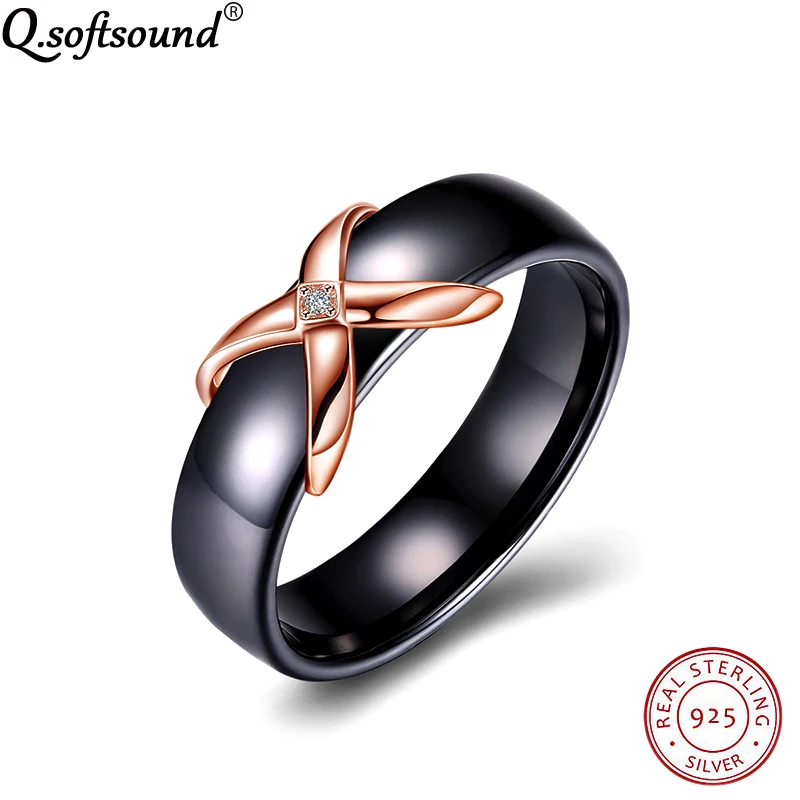

Classical X-shape Fashion Jewelry Black Ceramic Rings Cubic Zirconia 925 Sterling Silver Rings For Women Bague Femme QR244A