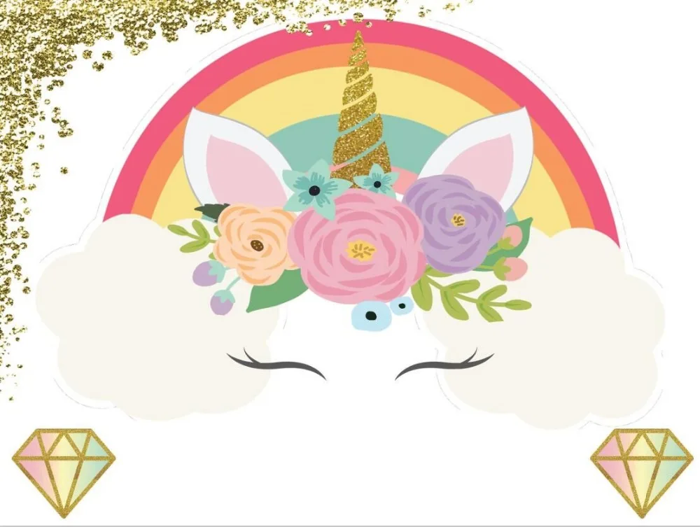 7 X5Ft Rainbow Sky Gold Unicorn Horn Flowers Mask Nuvole Baby Shower Custom Photo Studio Sfondo Vinile 220Cm X 150Cm