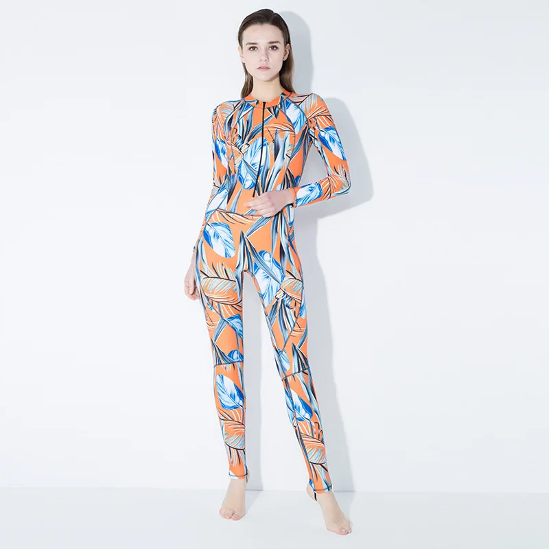 

2018 Women Sport Swimwear Surfing Long Pants Diving Suit Swimsuit Plus Size Long Sleeve Print Ladies One Piece Bodysuits