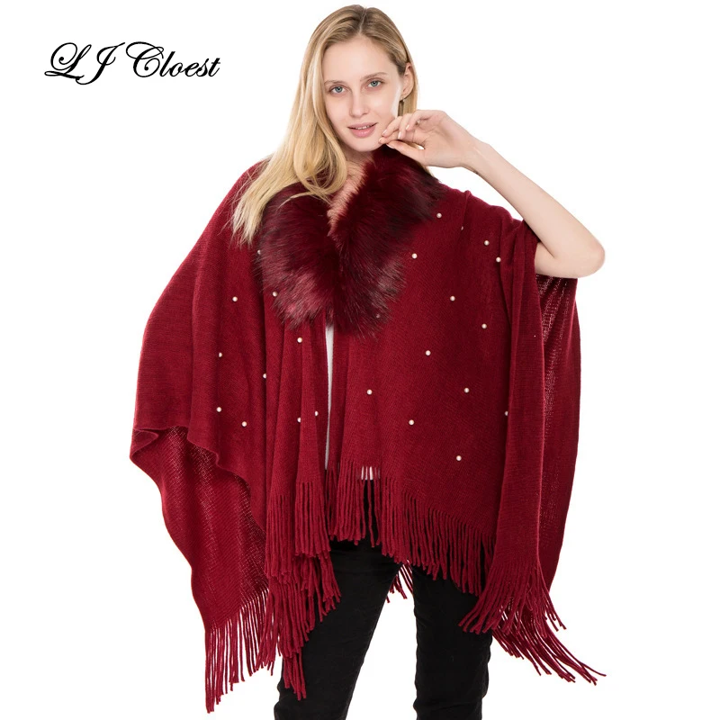 

Stylish Women autumn Winter pashmina tassel Shawl solid Color Pearl Faux Fur Ladies pullover Poncho