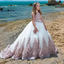 Новые Индивидуальные высококачественные Платья с цветочным узором для девочек на свадьбу, кружевное платье с бусинами и длинным хвостом для девочек, праздничное платье на день рождения