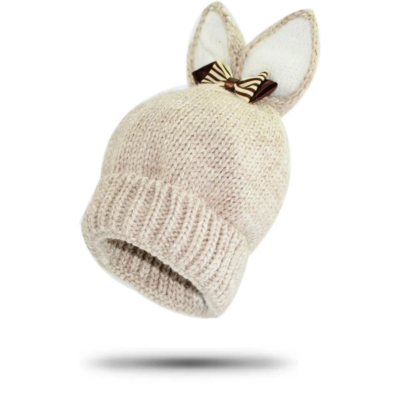 Зимняя шапка для детей с заячьими ушками; вязаная шапочка с рисунком; Толстая теплая шапка для девочек - Цвет: Бежевый