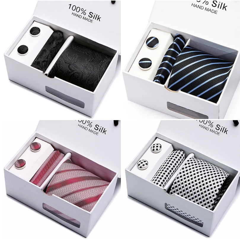  2 pcs/lot 2.9inch(7.5 cm) Wide Silver Paisley Man Tie Handkerchief and Cufflinks Gift Box Packing g