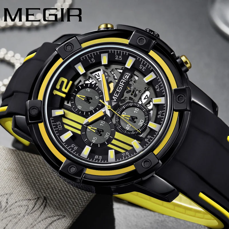 

MEGIR Watch Men Top Brand Luxury Chronograph Wristwatch Auto Date Military Sport Rubber Strap Male Clock Relogio Masculino 2097