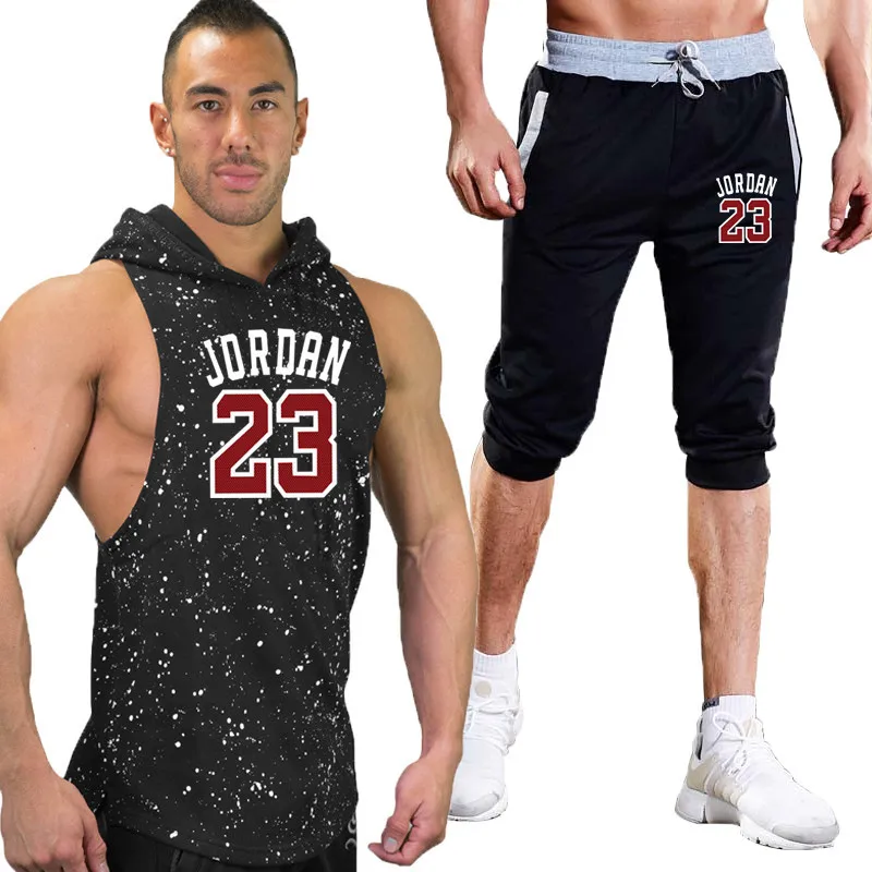 

New logo print hoodie Tank top+Shorts Two piece suit Brand Clothing Casual Gyms Men Sweatshirt Sportswear Fashion streetwear