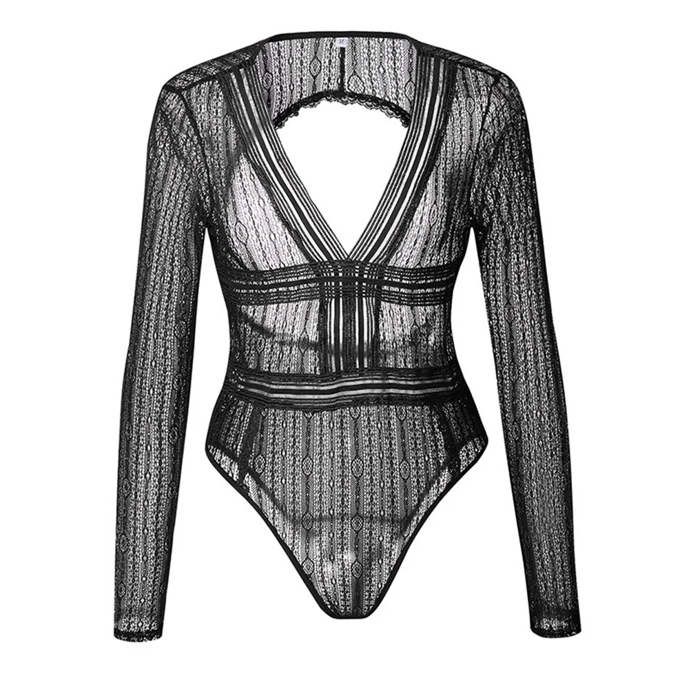 Sexy See Through Lace Bodysuits Women Vintage Transparent Club Overalls