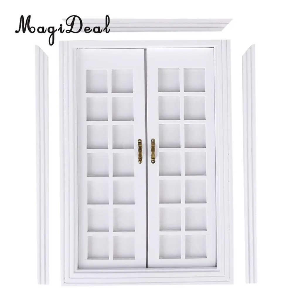 MagiDeal 1Set 1/12 Dollhouse Miniature Exterior Wooden French Door for Dolls House Bedroom Living Room Furniture Toy White