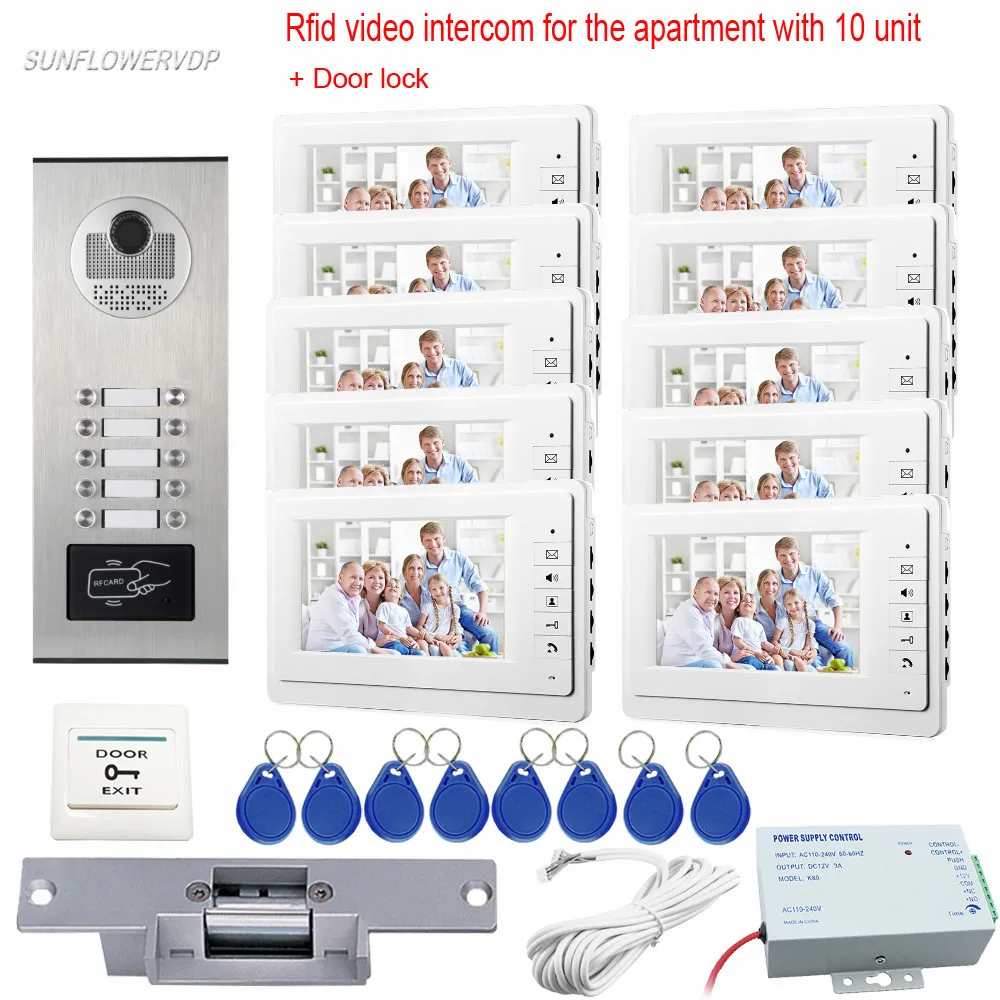 Rifd карты домофон для 10 квартир камера дверные звонки с Электрический замок Strike Проводная видеодомофон охранных системы блок