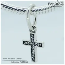 Аутентичные стерлингового серебра 925 пробы прозрачный CZ символ религиозный крест очаровательные бусины-Подвески для изготовления ювелирных изделий Подходит для европейских шармов браслет