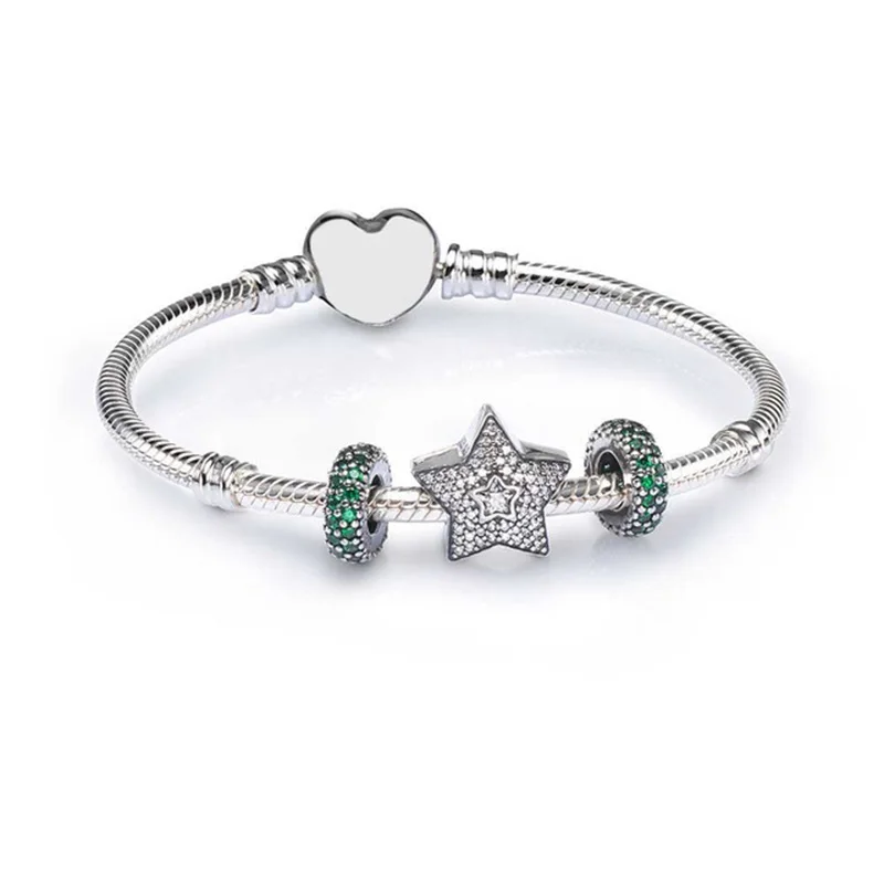 

100% 925 Sterling Silver Sale Pave Wishing Star Charm Bracelet Set Fit DIY Original Charm Fashion Bracelet Jewelry Gift