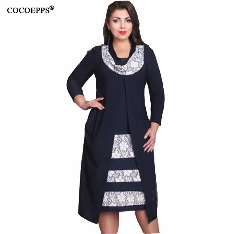 2018 Patchwork Fake Two Pieces Dress Women Plus Large Big Size Summer Office Dress 4XL Vintage Print Midi Dress Vestido 5XL 6XL