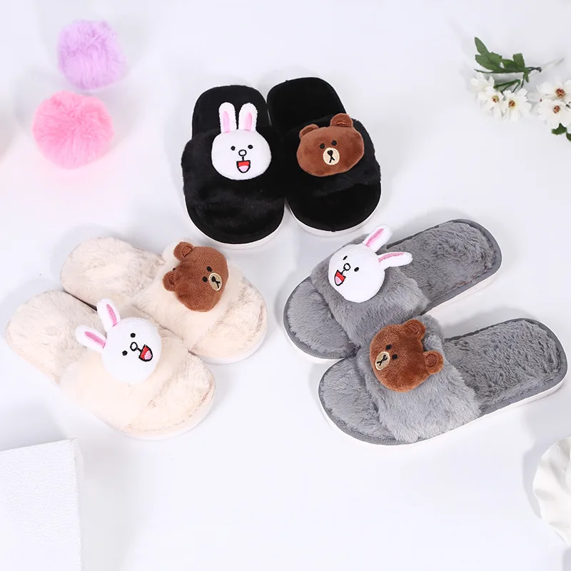 

ma8020 Winter warm children slippers at home Cute cartoon students word rabbit hair fluffy cotton slippers