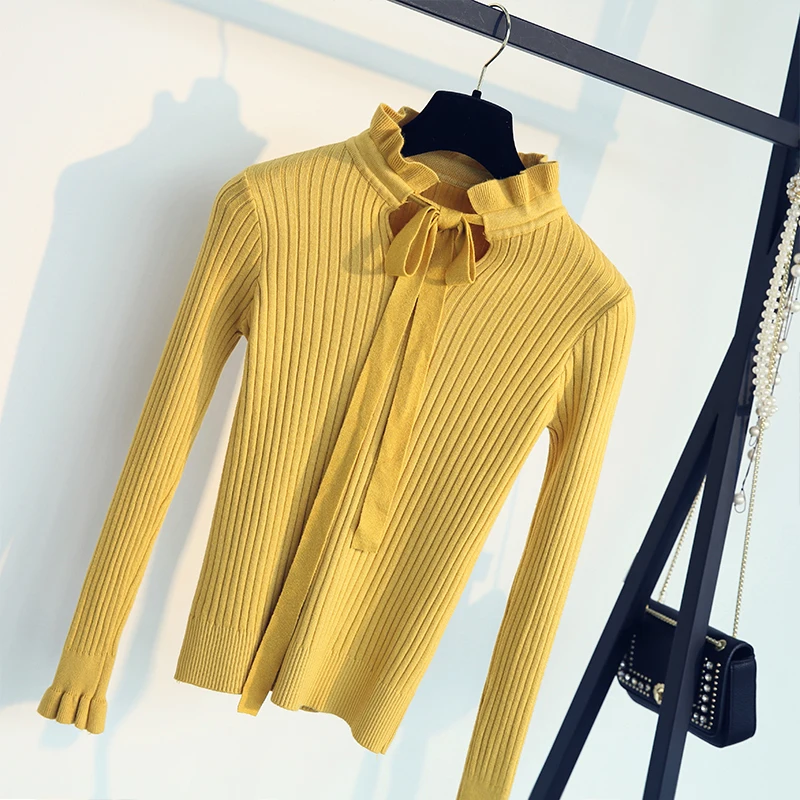 Elegant Ruffle Women Sweaters and Pullovers Office Lady Flare Sleeve Lace Up Turtleneck Knit Tops 2019 Fall Jersey Basic Jumper